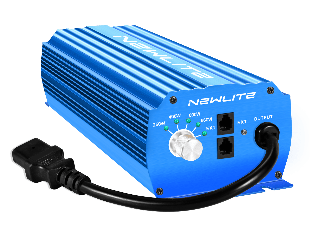 Ballast électronique Newlite e-blue 600W bleu, avec sélecteur de puissance, connecteurs EXT et câble de sortie